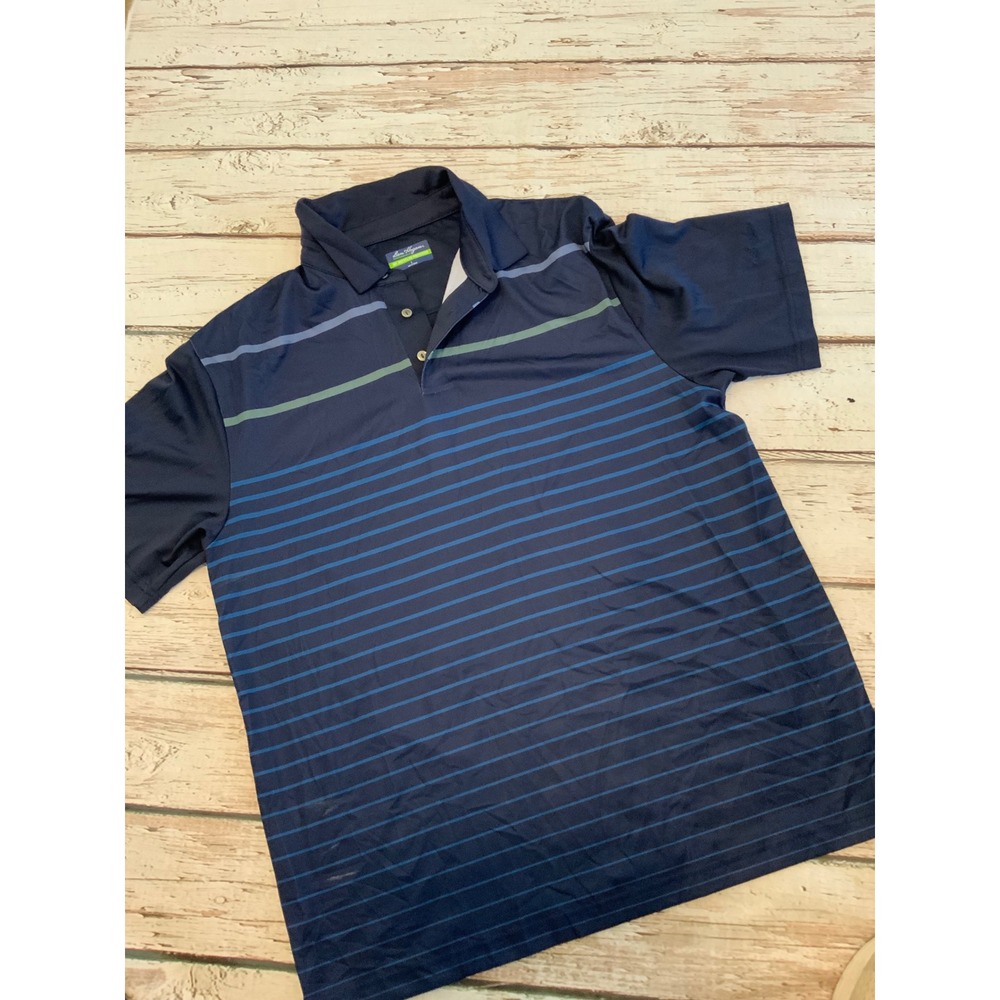 Ben Hogan Performance Mens Large Navy Blue Striped Short Sleeve Golf Polo Shirt